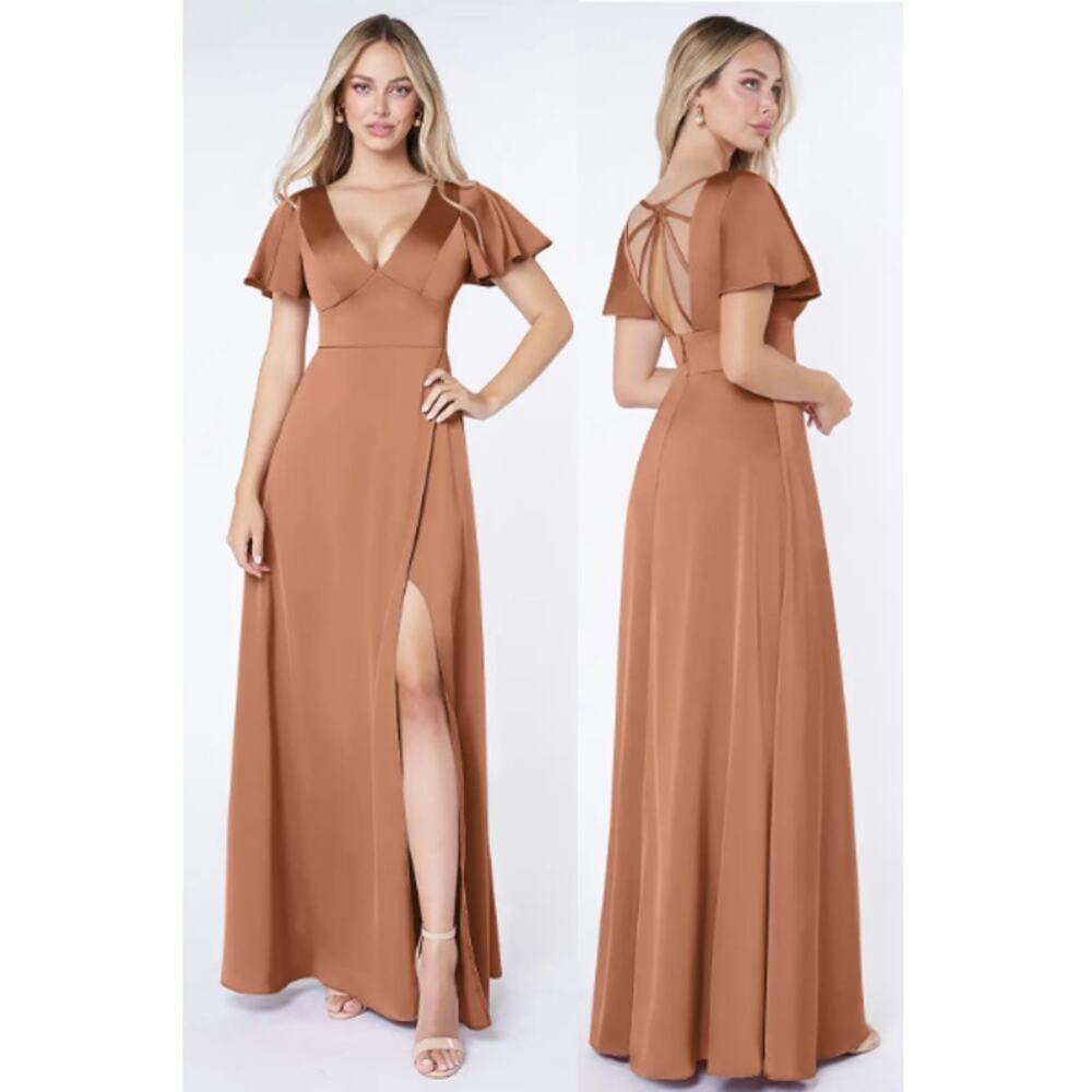 NWT Azazie Lani Stretch Satin Flounce Sleeve A-Line Dress Bronzer Womens Size A2